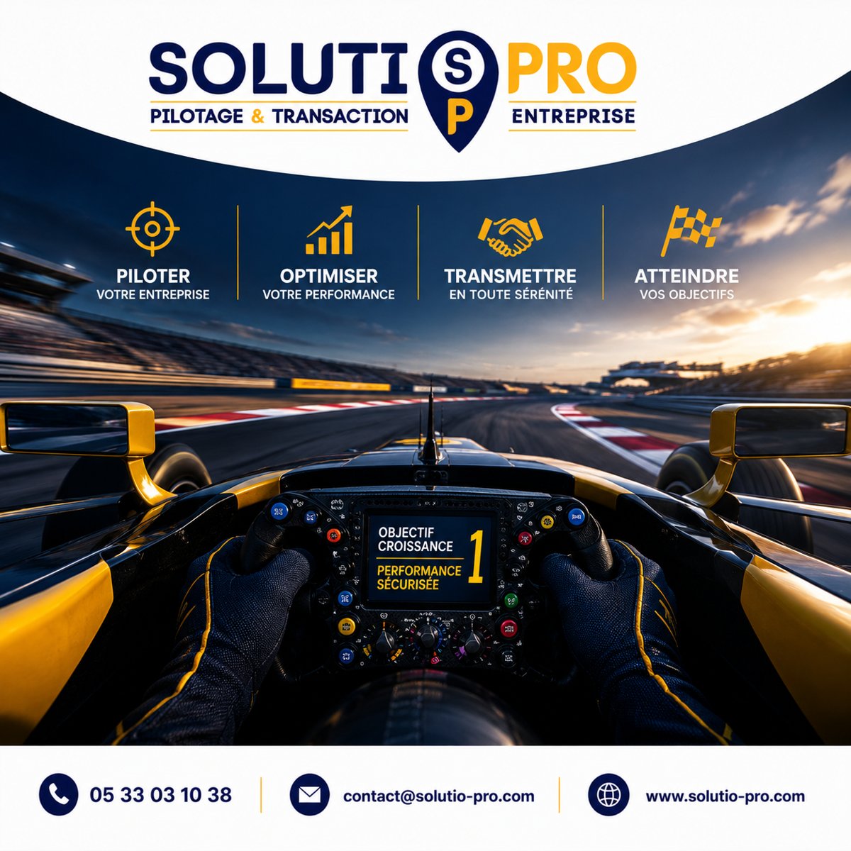 Cockpit de Formule 1, objectif croissance et performance sécurisée — piloter la rentabilité de sa PME