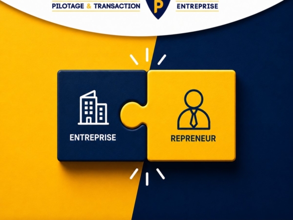 Deux pièces de puzzle entreprise et repreneur qui s'assemblent — l'alliance MatchingPro avec les professionnels du patrimoine